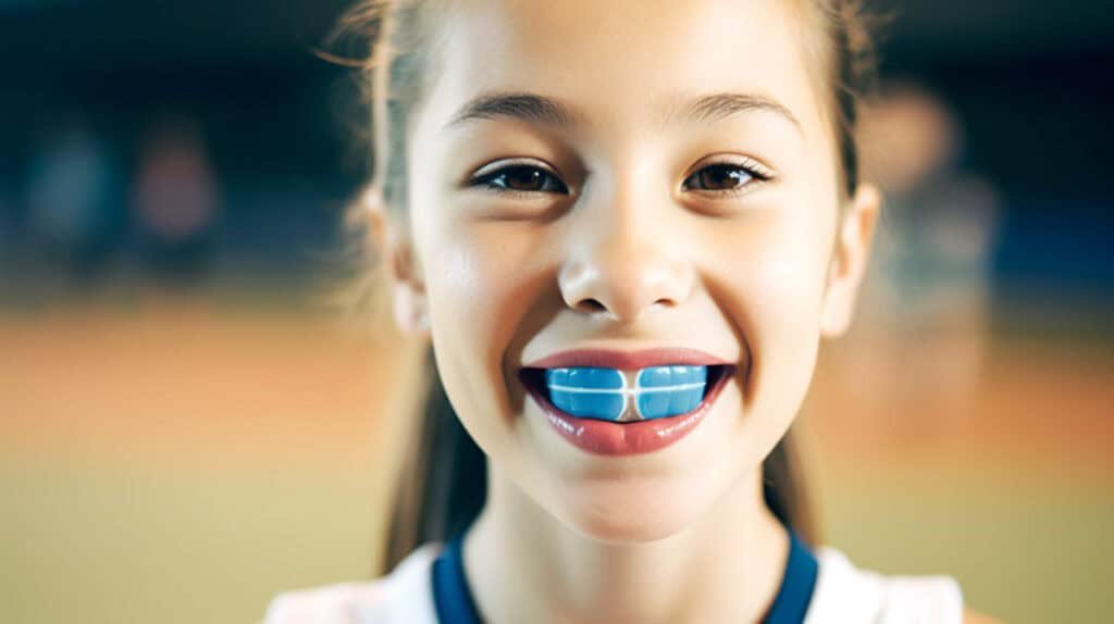 Portrait_of_a_girl_with_sport_mouthguard Young Athlete Wearing a Sports Mouthguard - Dental Protection for Kids
